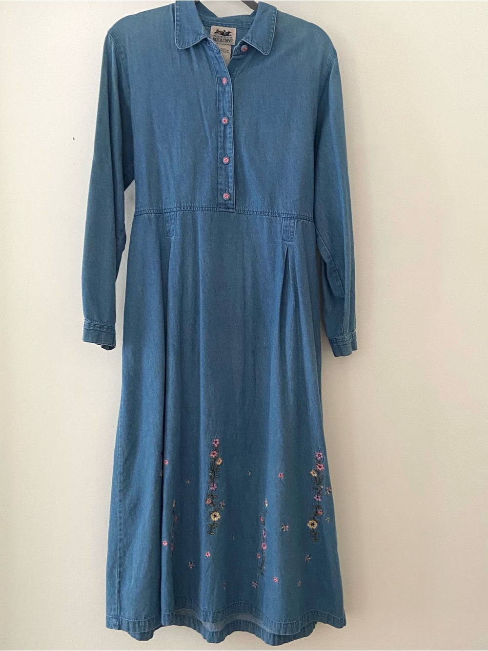 Vtg Maxi Denim Dress Size M Long Sleeve Cottagecore Embroidered Prairie Modest